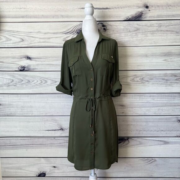 Bebe Army Green Button Down Tie Waist Shirt Dress - Picture 1 of 7